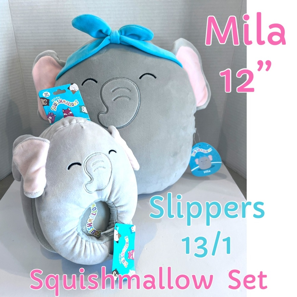 NWT Squishmallows Gift Set 12” Mila Elephant Slippers Sz 13/1 Kids Shoe Size